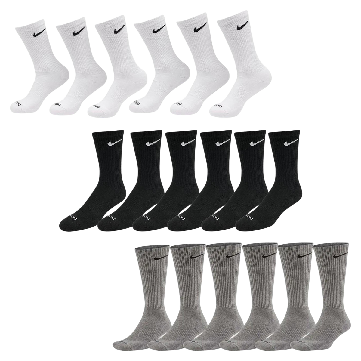 Nike Dri-FIT Everyday Plus Cushioned High Training Crew Socks (6 Pack) White | Black | Carbon Heather Grey | FOOT NINJAS {1}