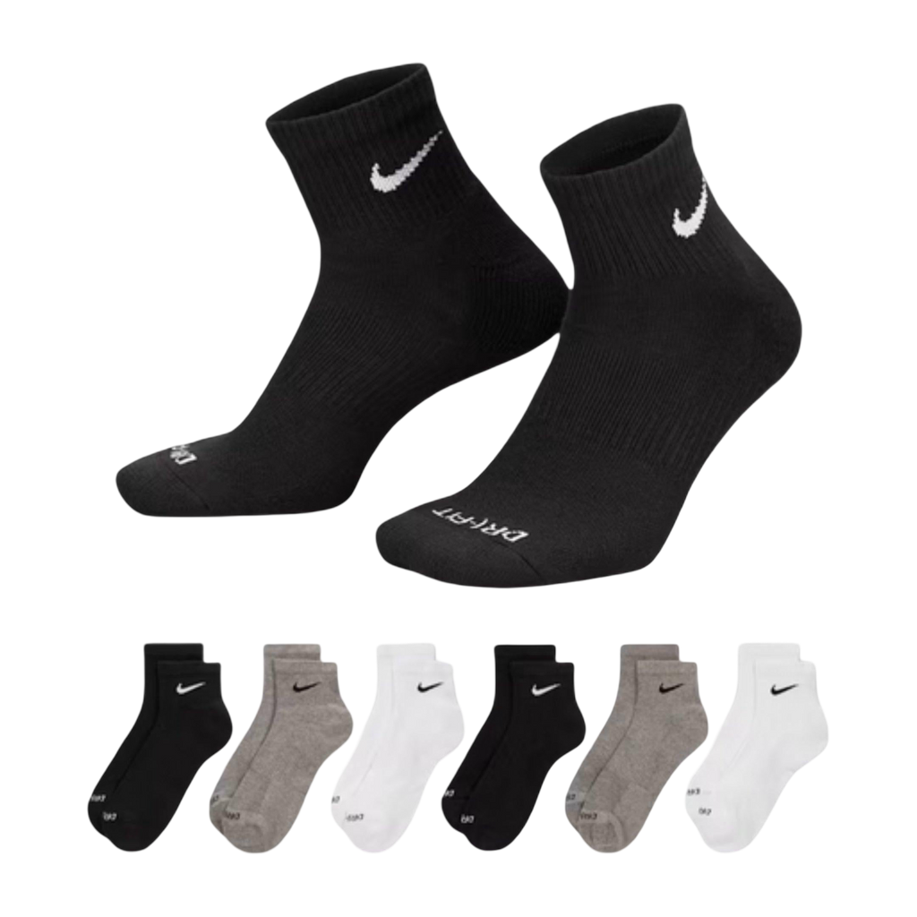 Nike Dri-FIT Everyday Plus Cushioned Mid Training Quarter Ankle Socks (6 Pack) White / Black / Carbon Heather Grey [SX6899-965] | FOOT NINJAS {1}