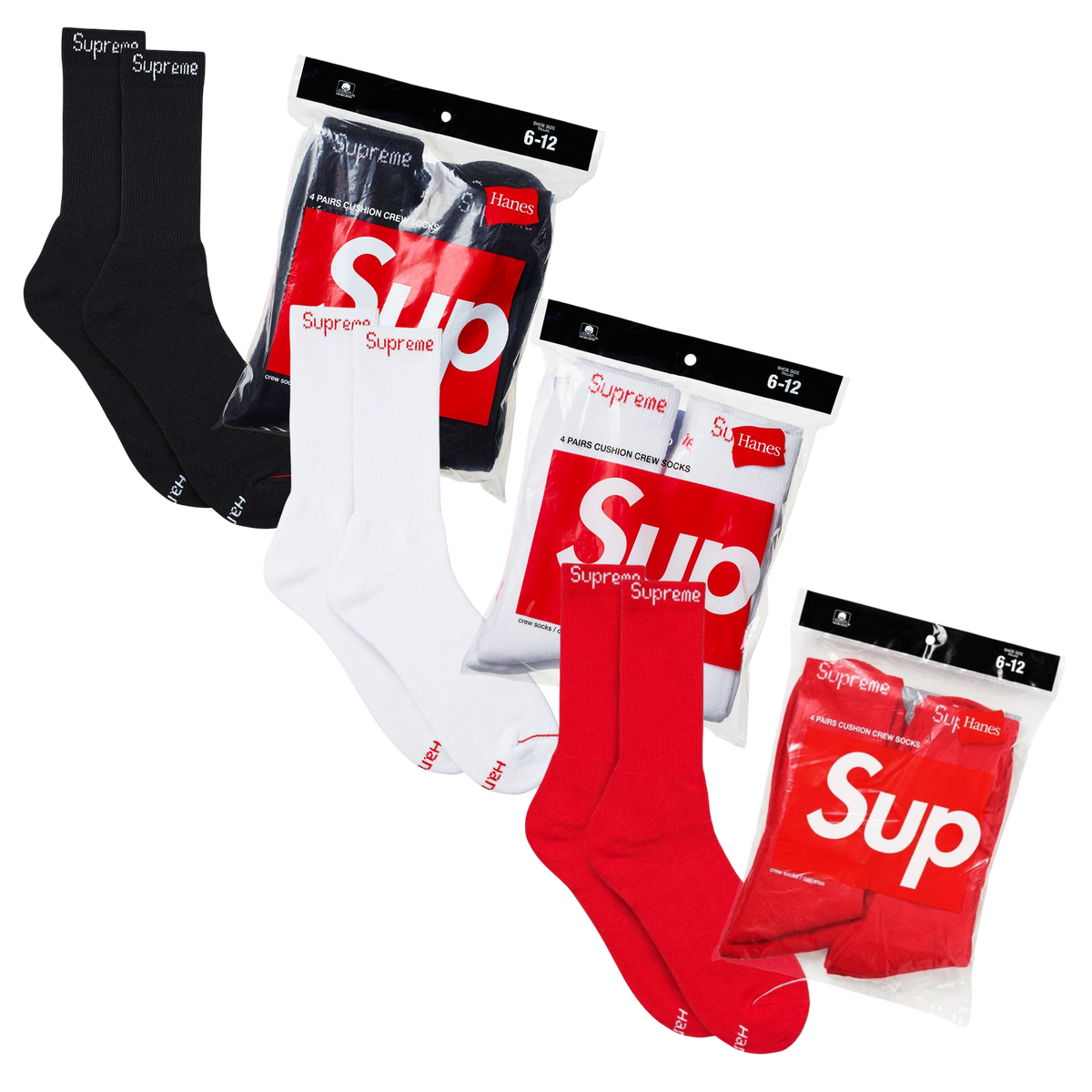 Supreme x Hanes Cushion Crew Socks (Full Pack of 4) Black | White | Heather Grey | Red | FOOT NINJAS {13}