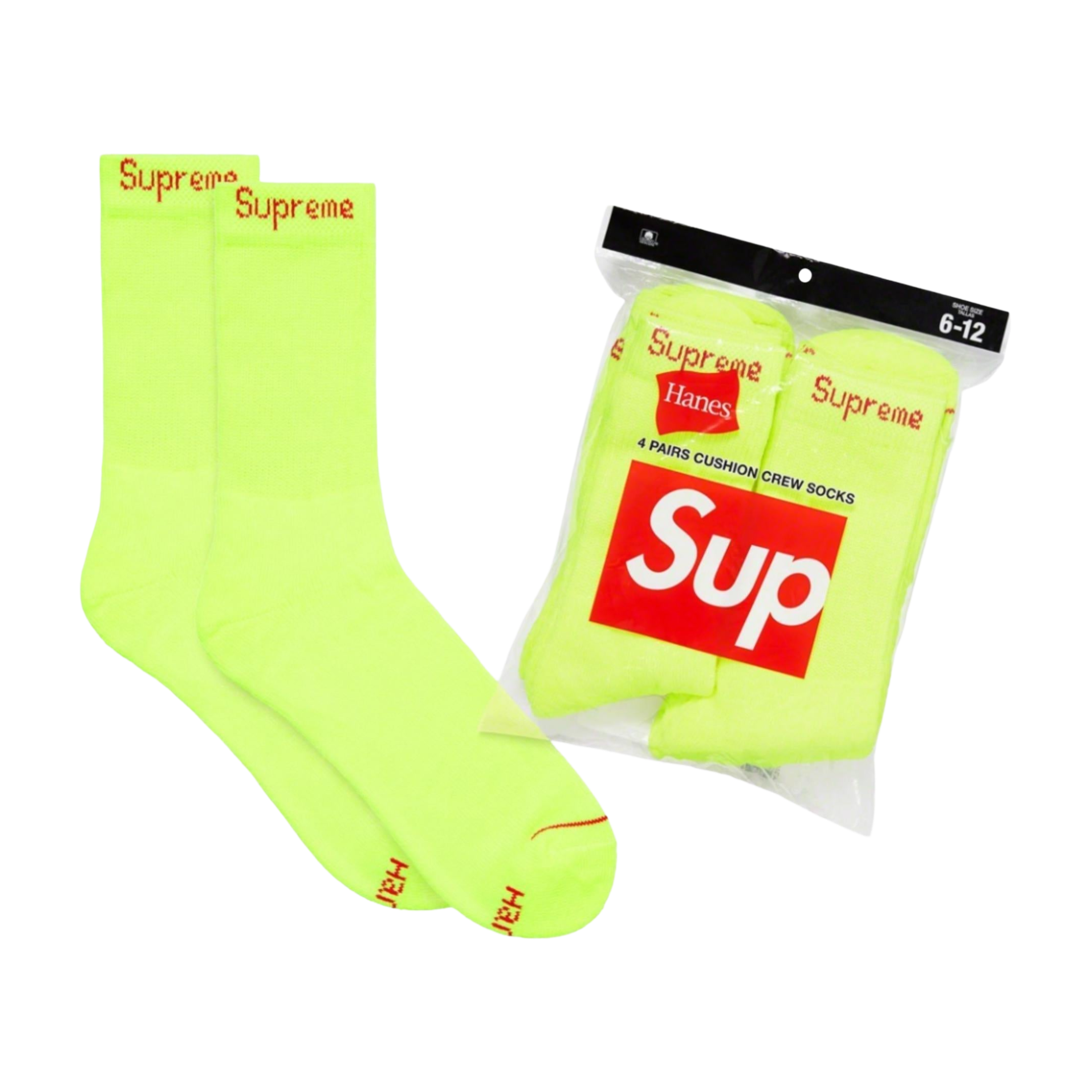 Supreme x Hanes Cushion Crew Socks (Full Pack of 4) Fluorescent Yellow Sneakers in Yellow [SS23A37-FLUORESCENT-YELLOW] | FOOT NINJAS [1]