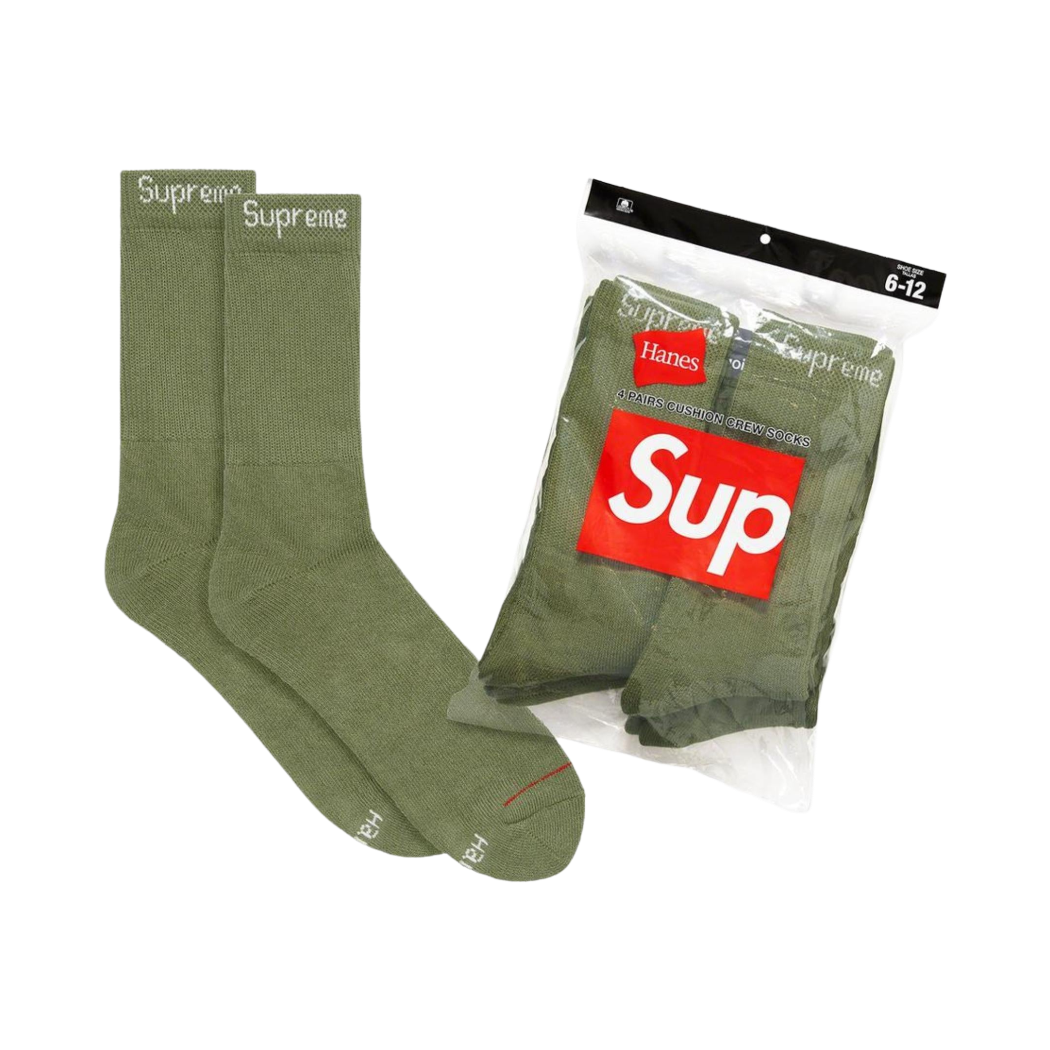 Supreme x Hanes Cushion Crew Socks (Full Pack of 4) Olive Green Sneakers in Green [SS22A27-OLIVE] | FOOT NINJAS [1]