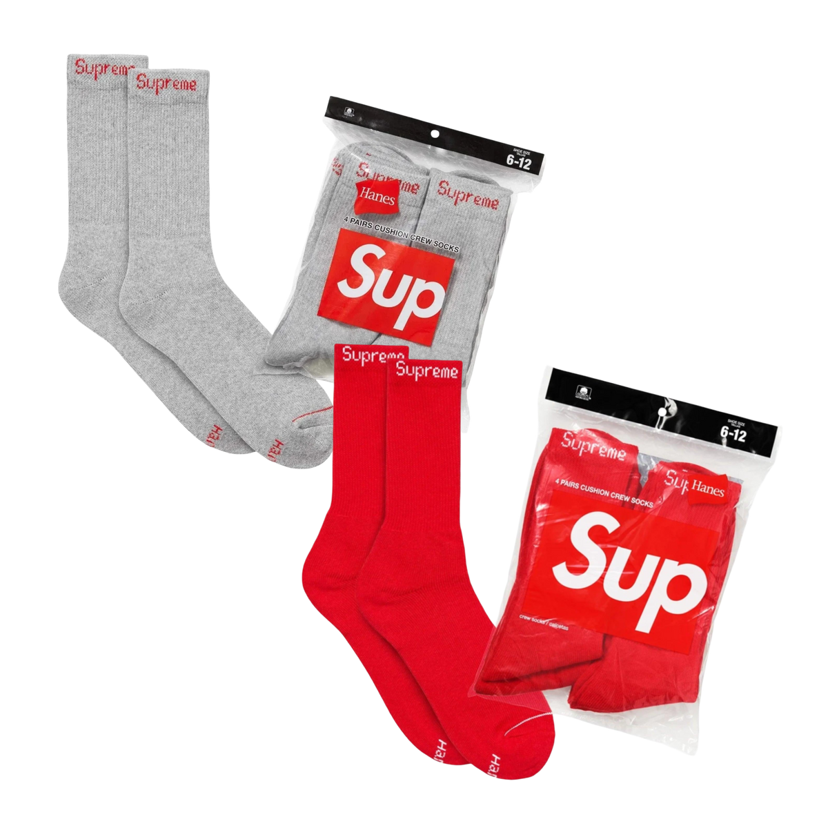 Supreme x Hanes Cushion Crew Socks (Full Pack of 4) White | Heather Grey | Red | FOOT NINJAS {4}