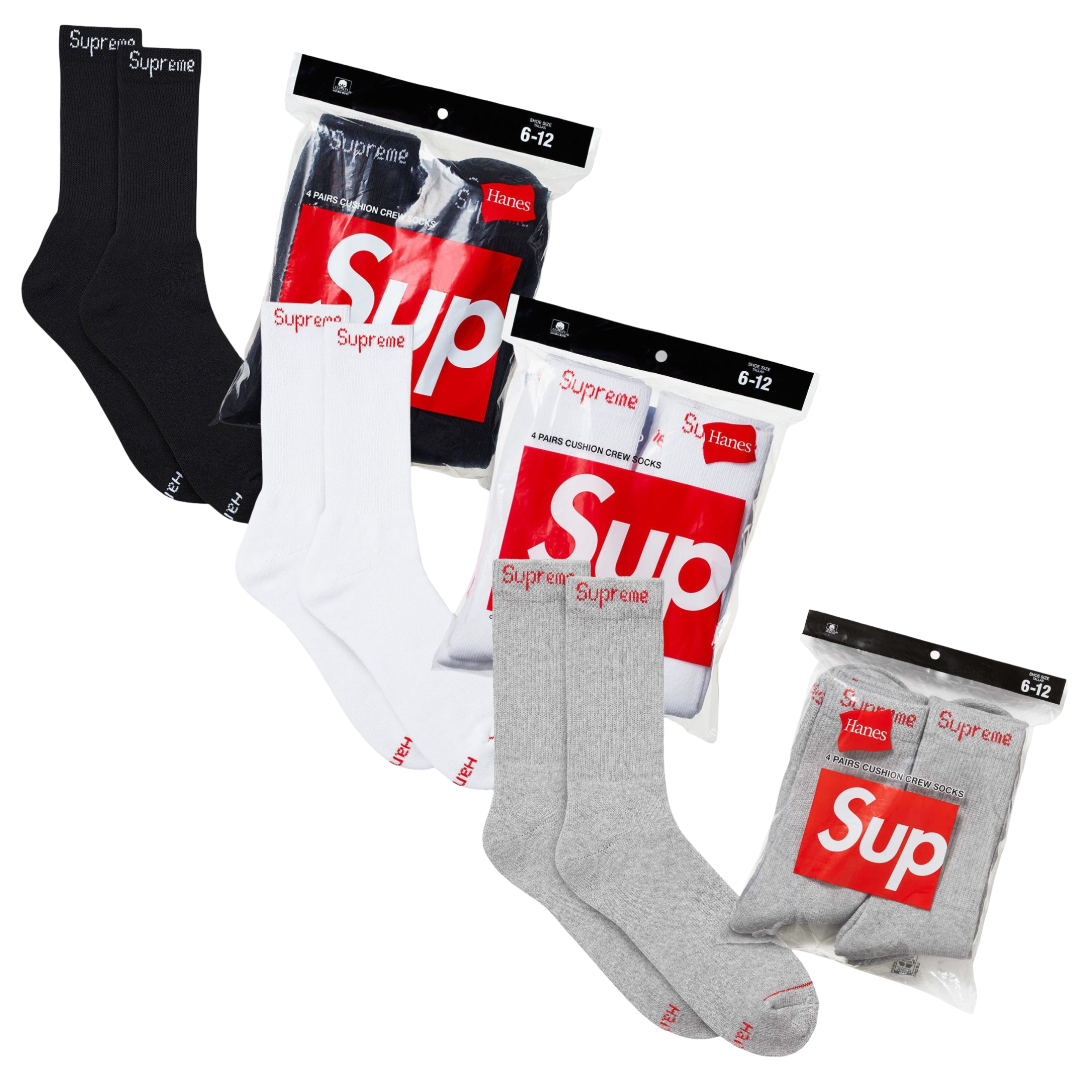 Supreme x Hanes Cushion Crew Socks (Full Pack of 4 in Each Color) Black, White and Heather Grey Sneakers in Multicolor [99HAA26-BLACK | 99HAA26-WHITE | SS24A37-HEATHER-GREY] | FOOT NINJAS [1]