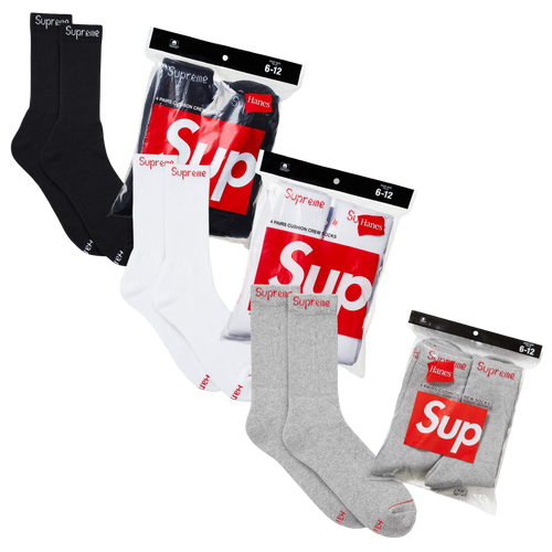 Supreme x Hanes Cushion Crew Socks (Full Pack of 4 in Each Color) Black, White and Heather Grey Sneakers in Multicolor [99HAA26-BLACK | 99HAA26-WHITE | SS24A37-HEATHER-GREY] | FOOT NINJAS [1]