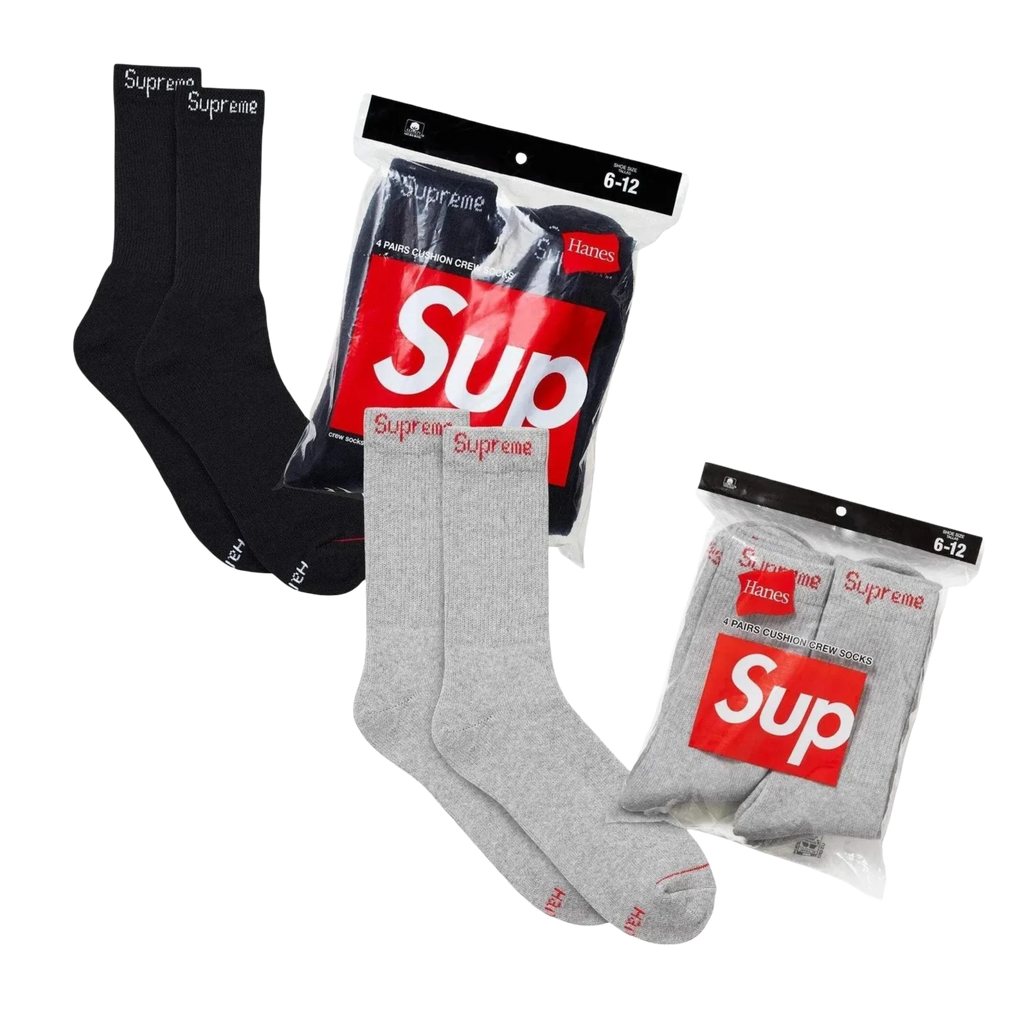Supreme x Hanes Cushion Crew Socks (Full Pack of 4 in Each Color) Black and Heather Grey Sneakers in Multicolor [99HAA26-BLACK | SS24A37-HEATHER-GREY] | FOOT NINJAS [1]