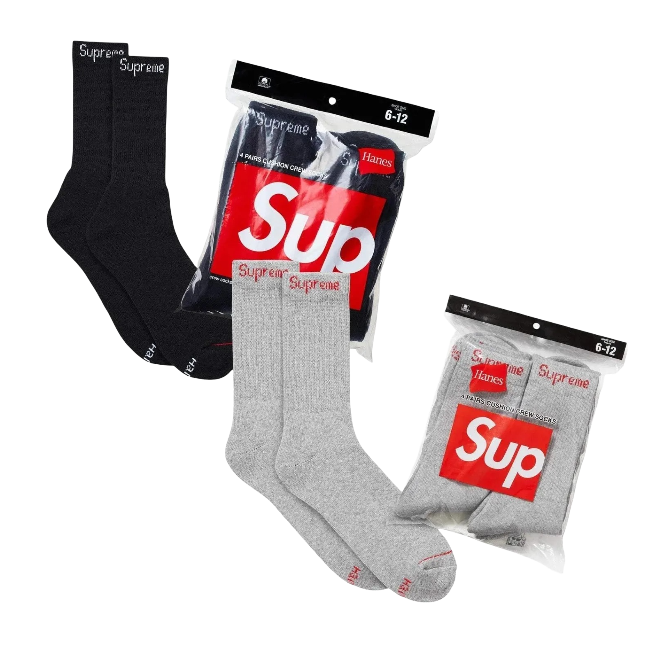 Supreme x Hanes Cushion Crew Socks (Full Pack of 4 in Each Color) Black and Heather Grey Sneakers in Multicolor [99HAA26-BLACK | SS24A37-HEATHER-GREY] | FOOT NINJAS [1]