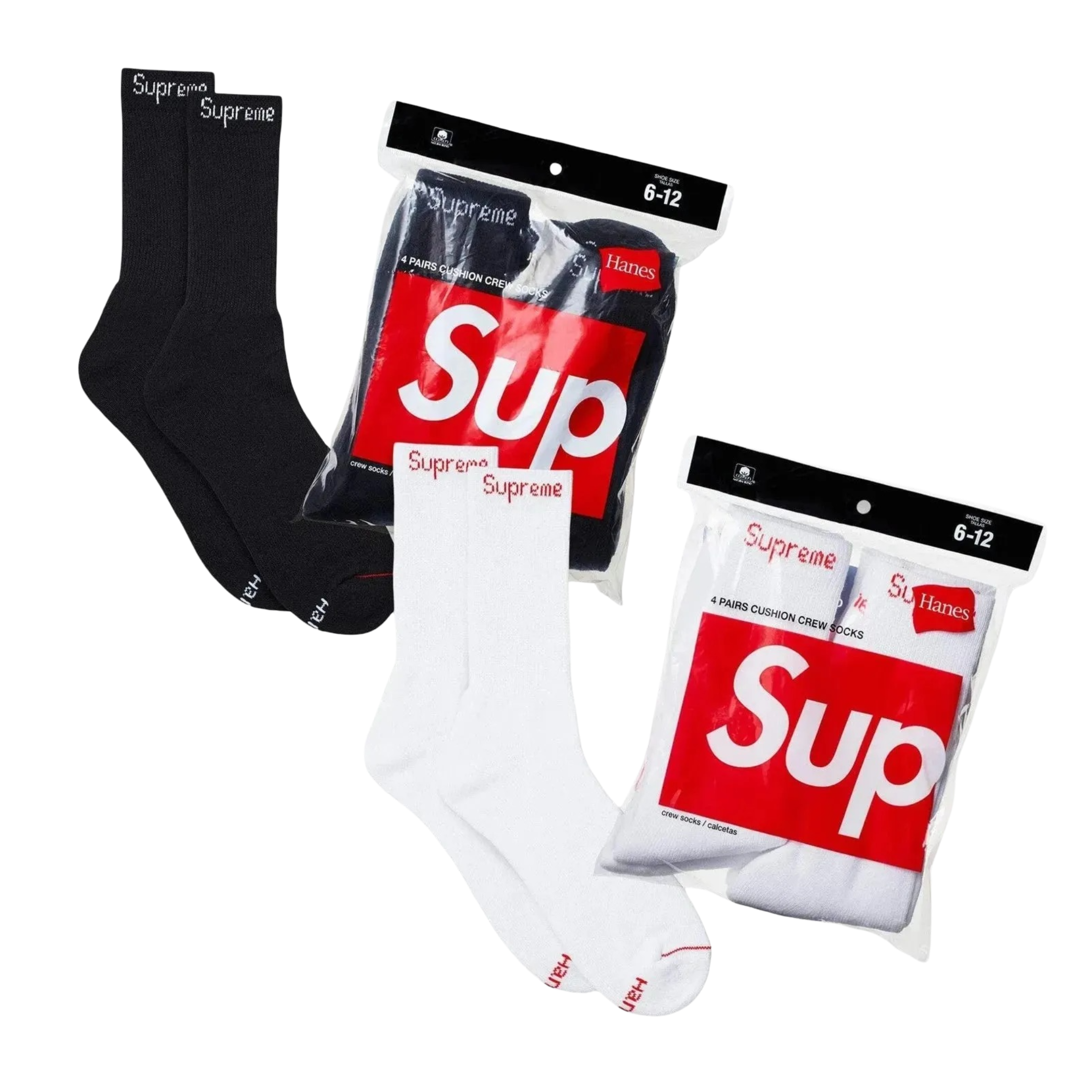 Supreme x Hanes Cushion Crew Socks (Full Pack of 4 in Each Color) Black and White Sneakers in Multicolor [99HAA26-BLACK | 99HAA26-WHITE] | FOOT NINJAS [1]