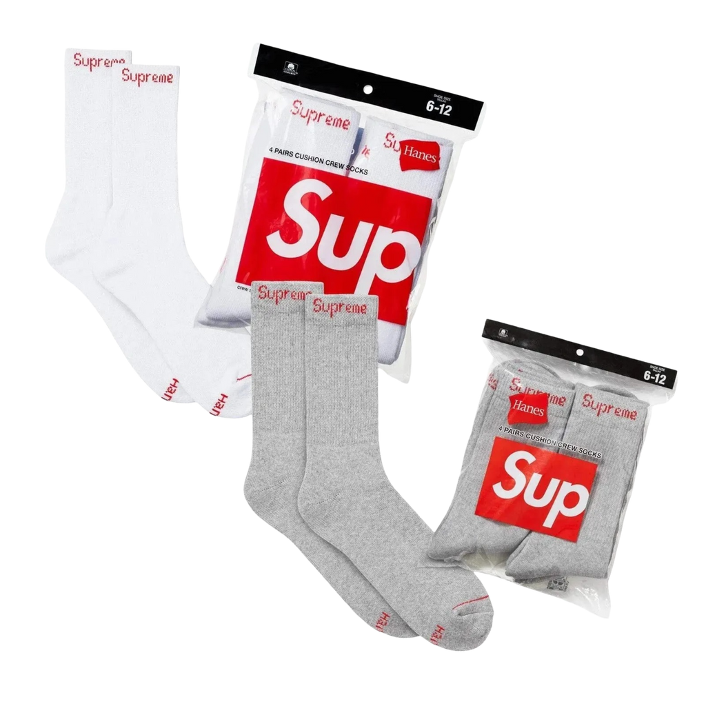 Supreme x Hanes Cushion Crew Socks (Full Pack of 4 in Each Color) White and Heather Grey Sneakers in Multicolor [99HAA26-WHITE | SS24A37-HEATHER-GREY] | FOOT NINJAS [1]