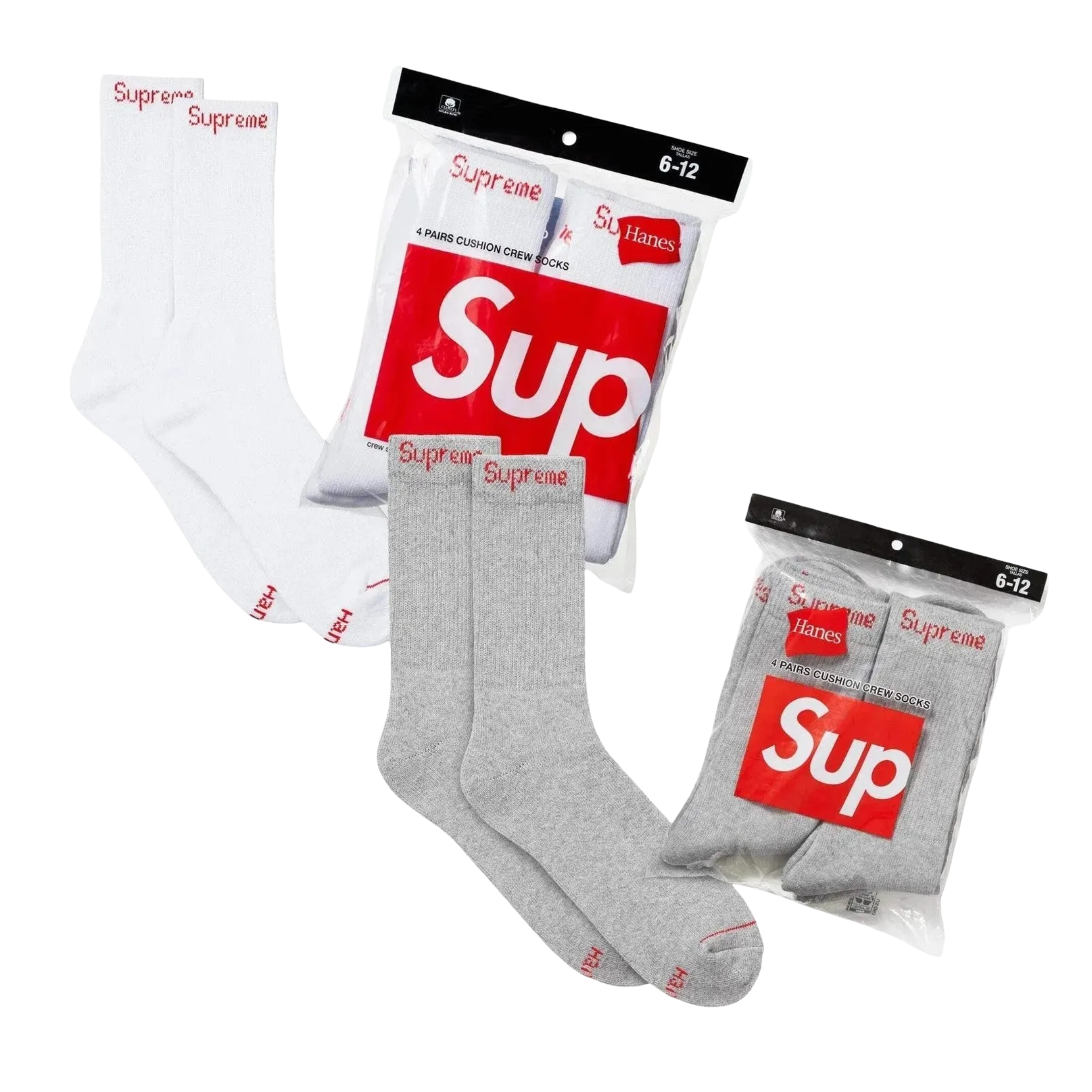 Supreme x Hanes Cushion Crew Socks (Full Pack of 4 in Each Color) White and Heather Grey Sneakers in Multicolor [99HAA26-WHITE | SS24A37-HEATHER-GREY] | FOOT NINJAS [1]